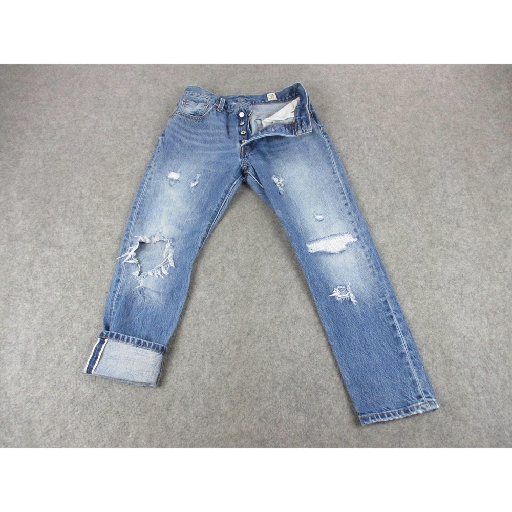 Levis 501 Jeans Womens 28x26* Blue S Selvedge White Oak Cone Denim Distressed